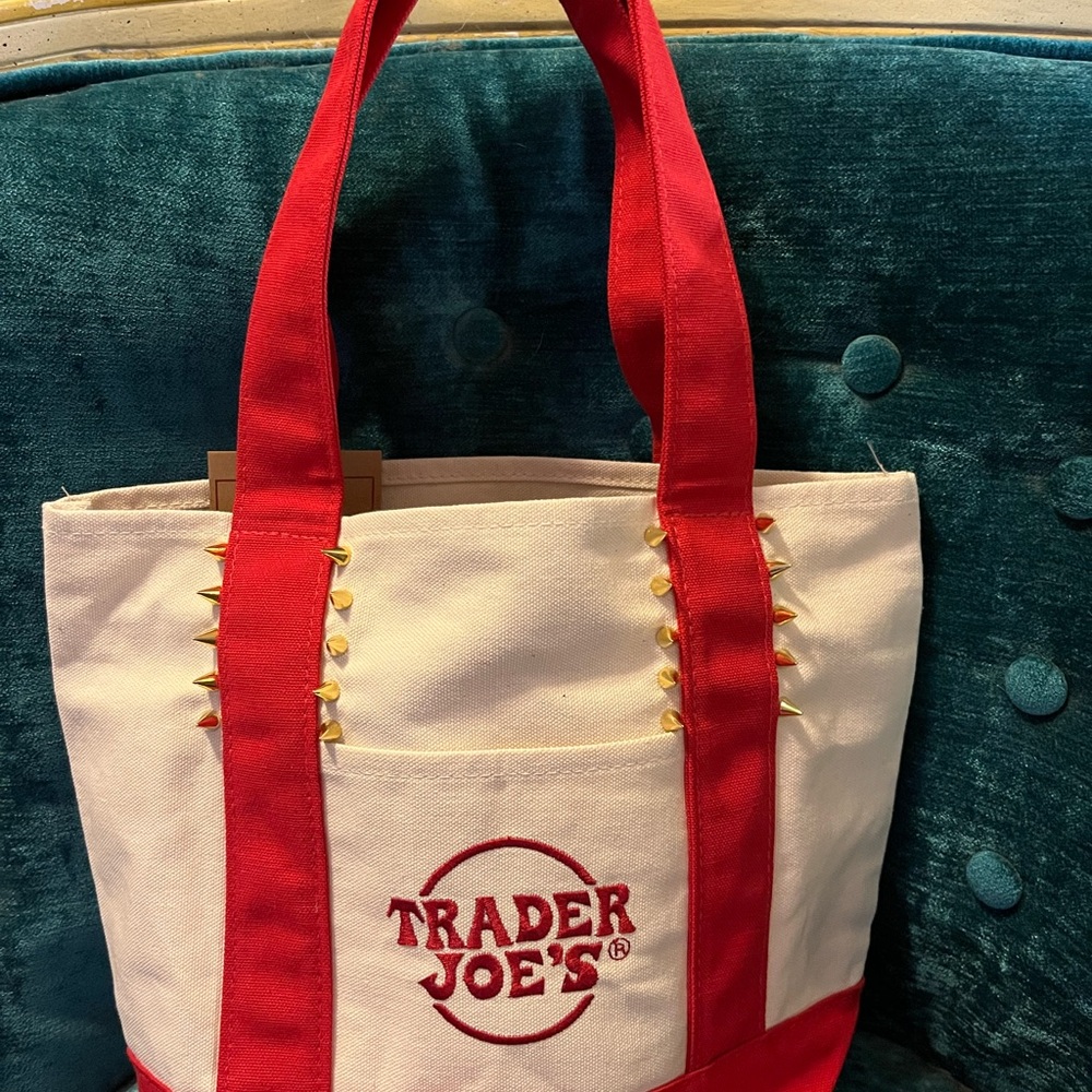 Cute Trader Joe's mini Red and Cream Tote Bag with gold spike studs